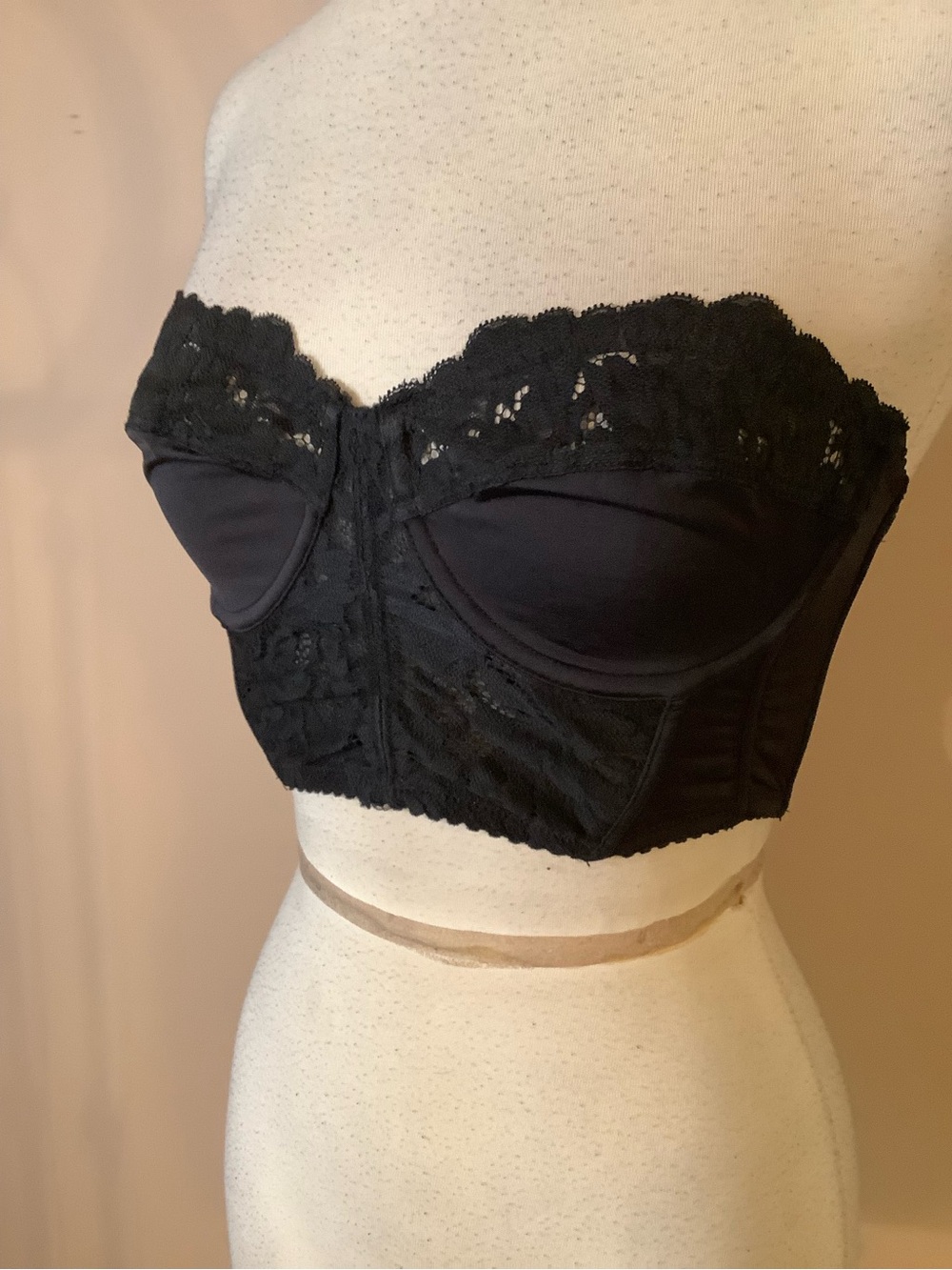 Free People Black Lace Strapless Longline Corset Bra Crisscross Back Sexy 34C